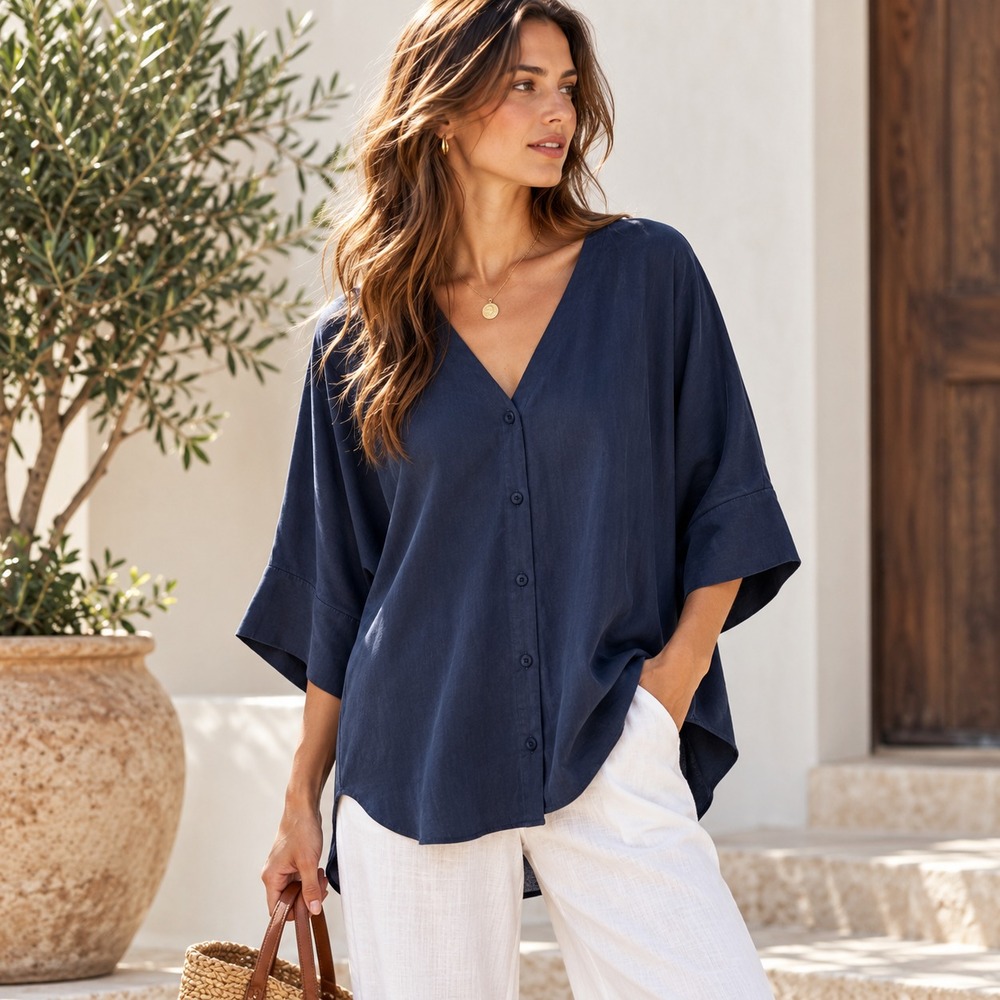 Vetta Womens The Boyfriend Shirt Tencel Sz M Blue Sustainable Oversized Granola